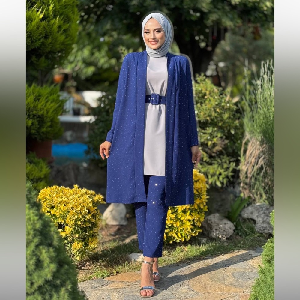 Studded Modest Wear Woman’s Royal Blue Women's Ankle Pant Set with Belt